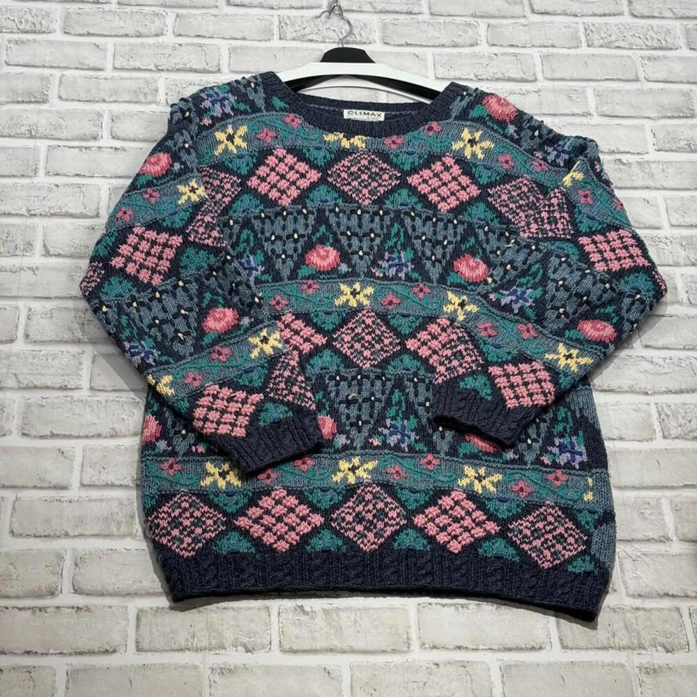 Climax Vintage Knit Sweater Ramie/Cotton Geometric Floral Women's S‎ 80's 90's